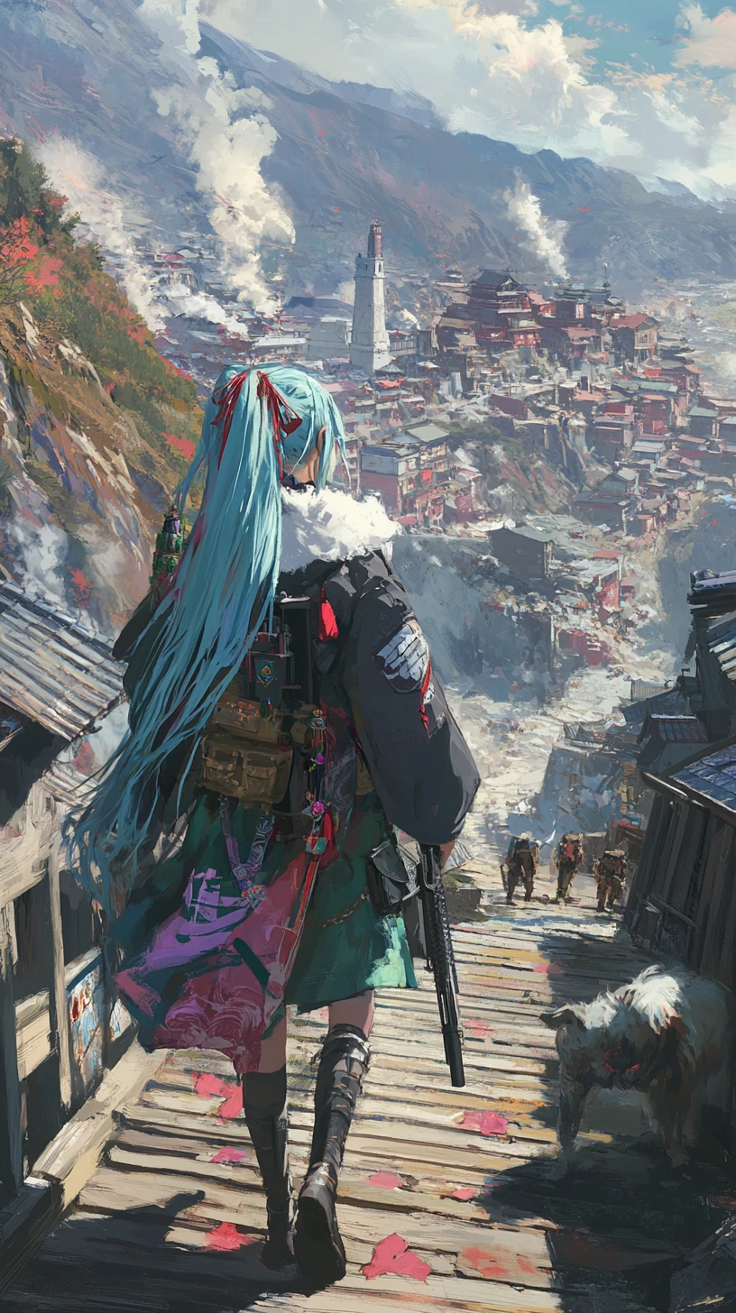 Garota de anime com rifle em ponte de madeira em zona de guerra