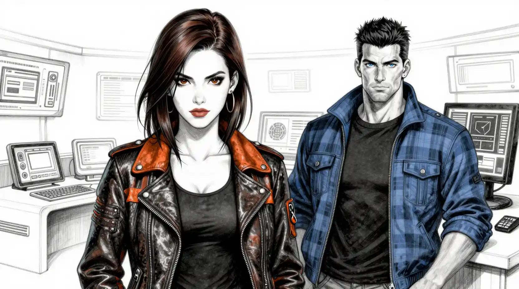 Edgy woman and man in a futuristic control room