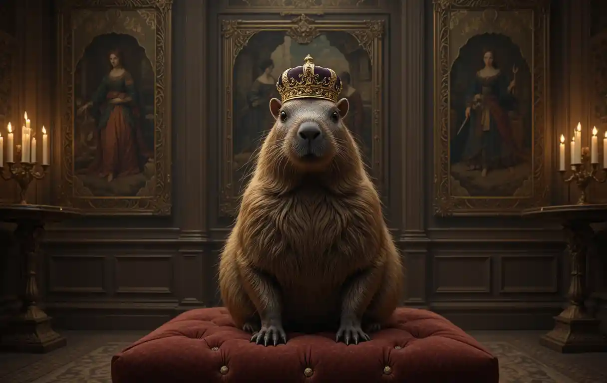 Regal capybara with crown in a dim baroque chamber