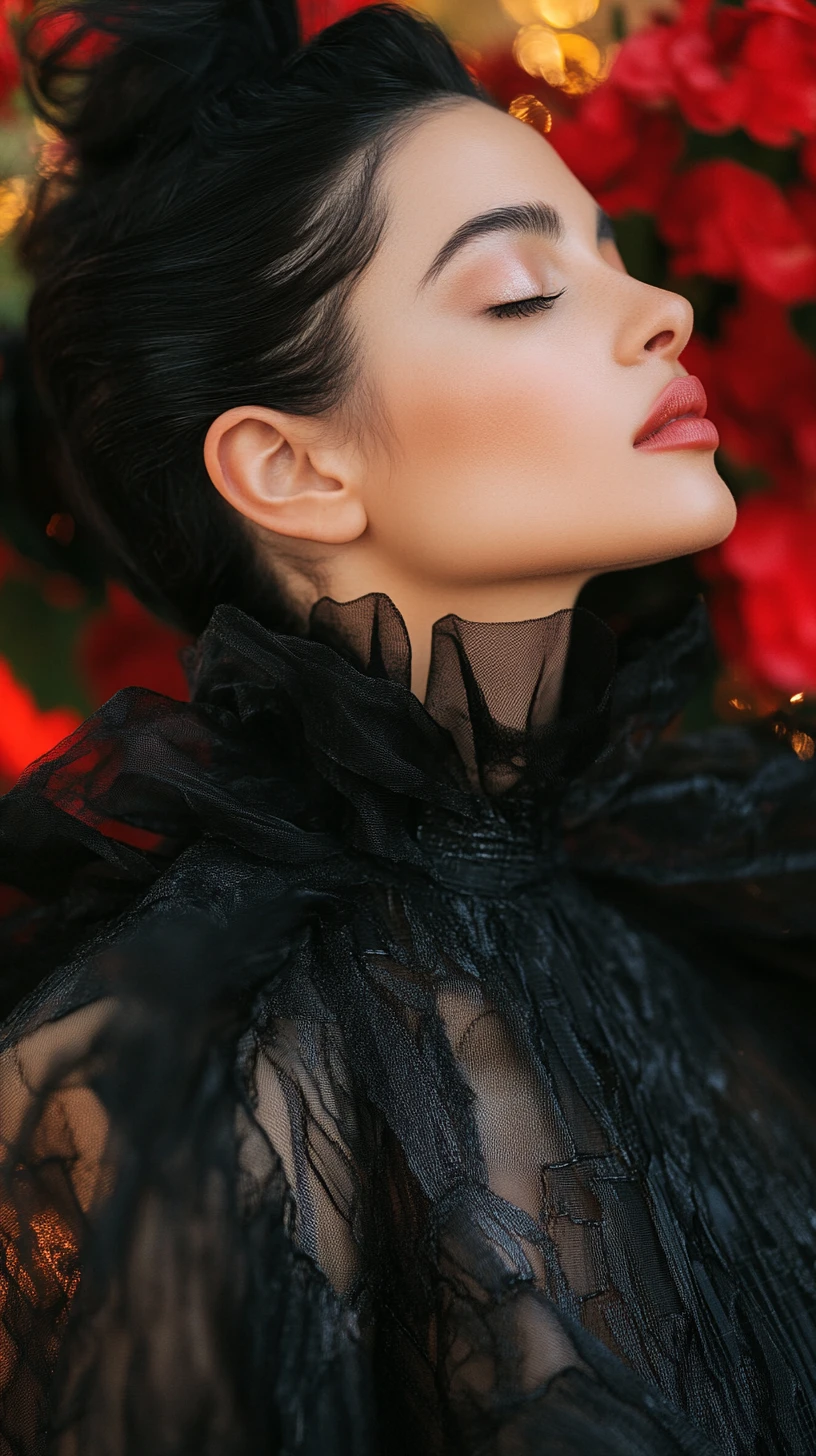 Brazilian woman in black couture coat with closed eyes