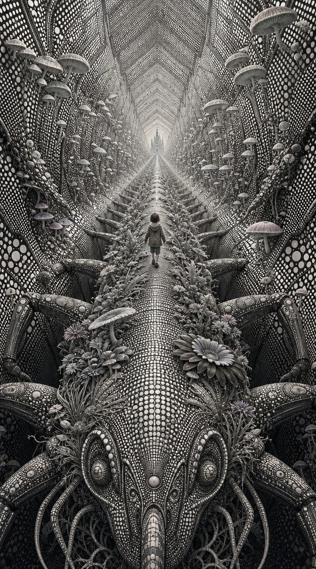 Child walking along a surreal living tunnel creature