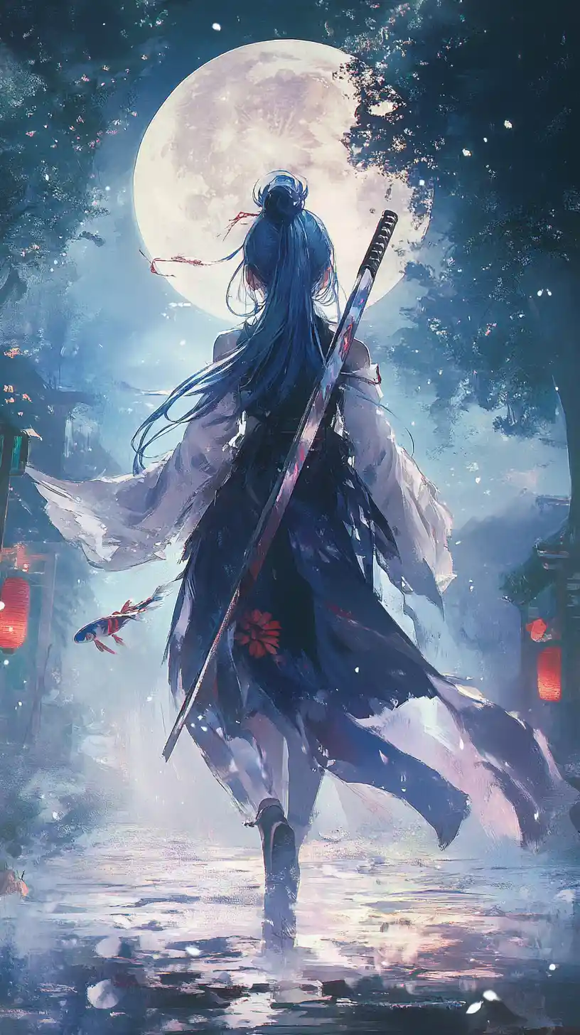 Anime girl running with a spear under the full moon