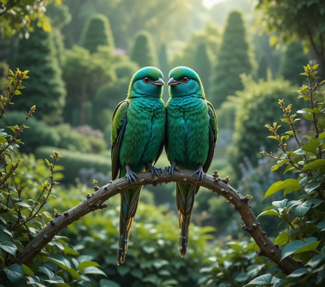 Uccelli verde smeraldo posati insieme in un lussureggiante giardino