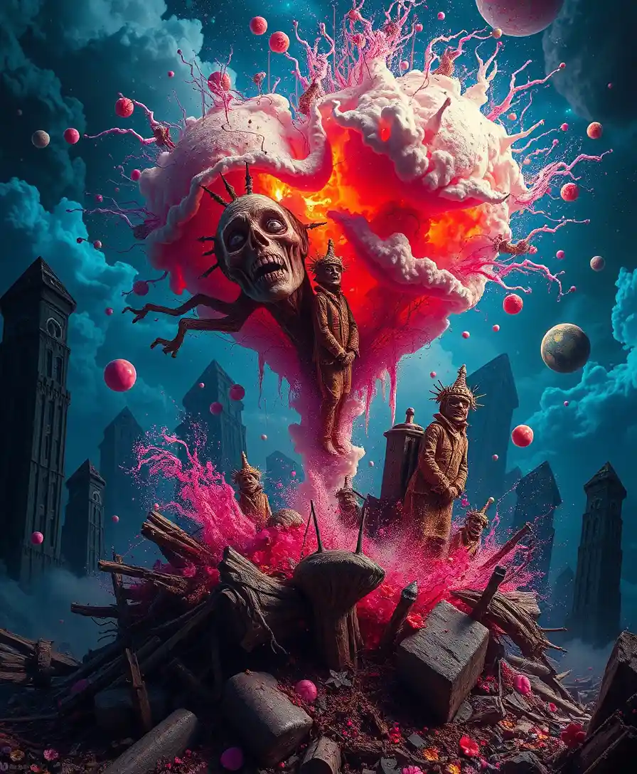 Surreal whimsical characters in a bizarre dreamlike landscape