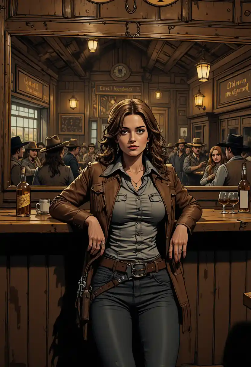Bored cowgirl leaning at a bar in a busy saloon
