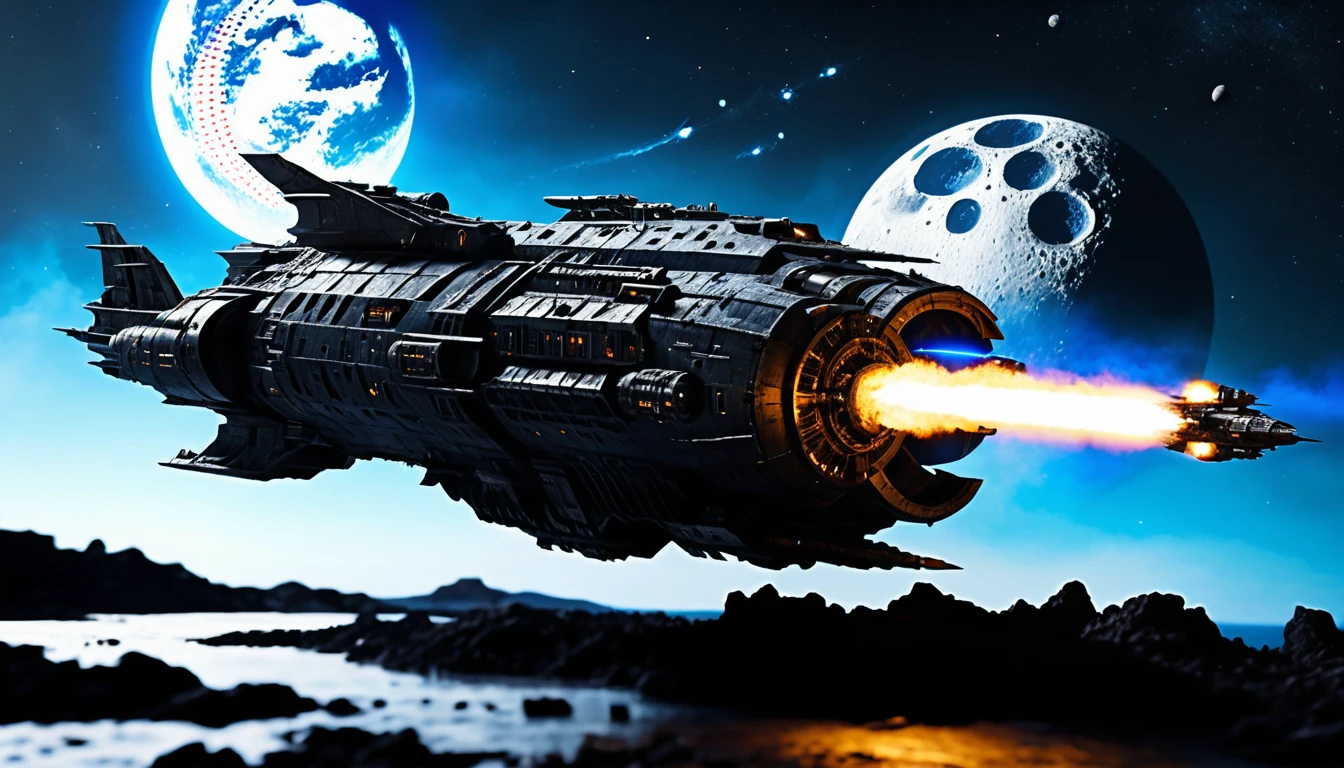 Futuristic war frigate orbiting a shattered moon in space