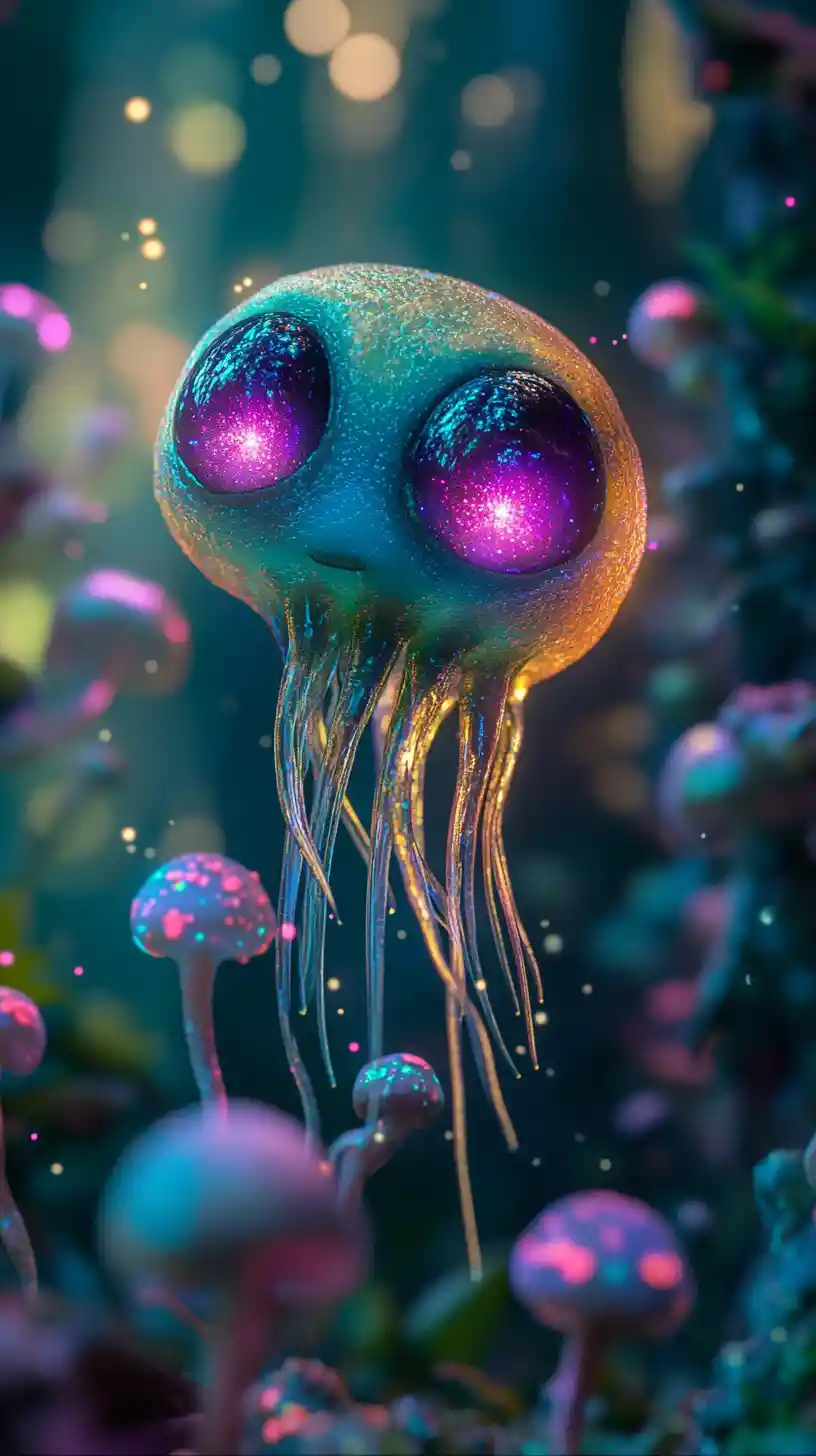 Small Bioluminescent Alien In A Dreamy Forest Glow