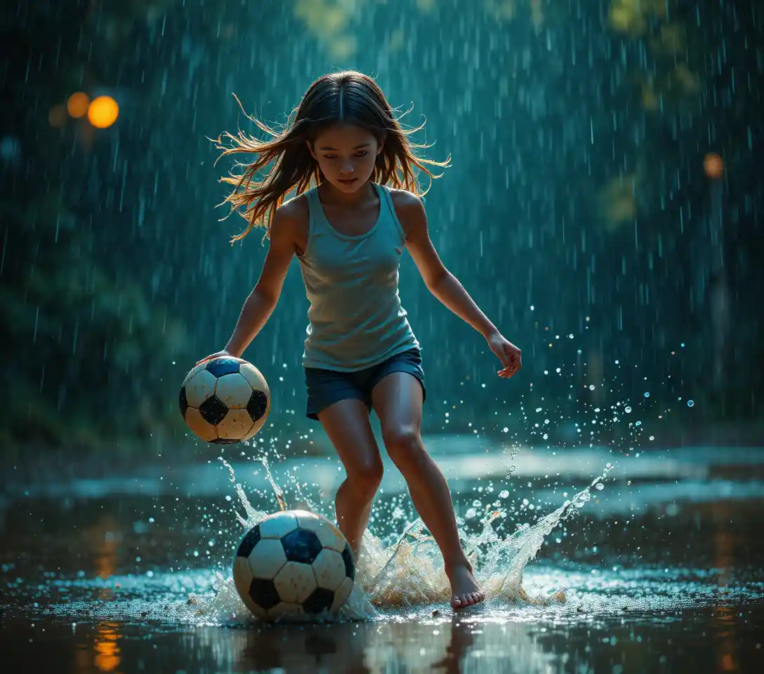 Young girl playing soccer barefoot in summer rain