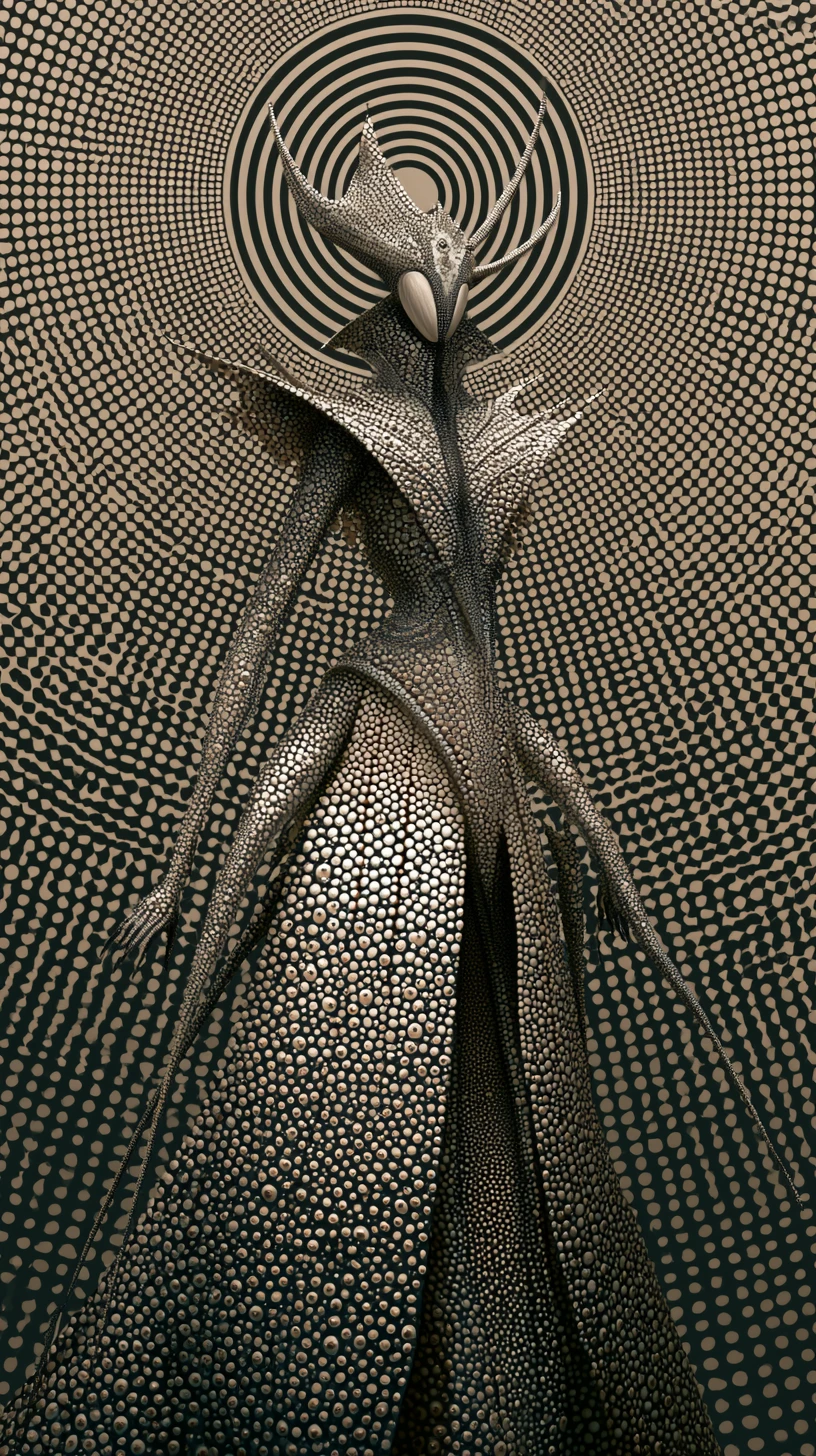 Insectoid queen on a throne of infinite repeating dots