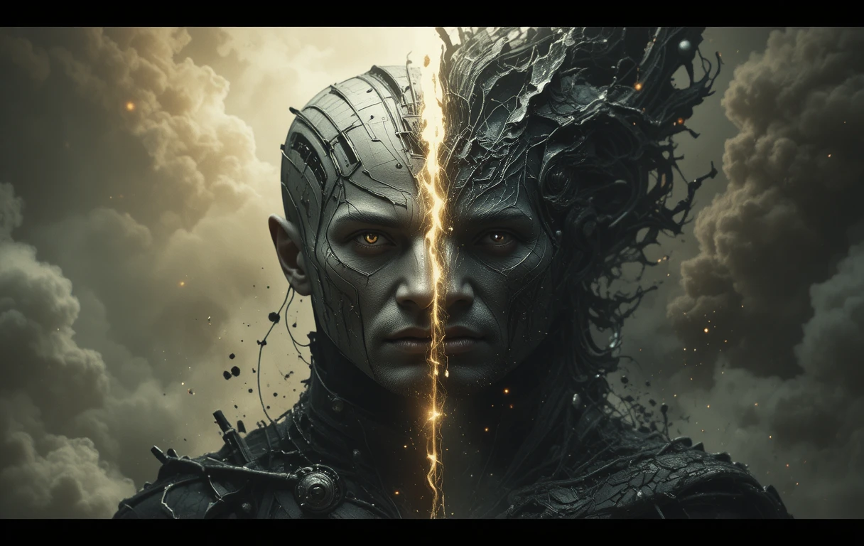 Gemini split persona battling in a surreal cosmic void
