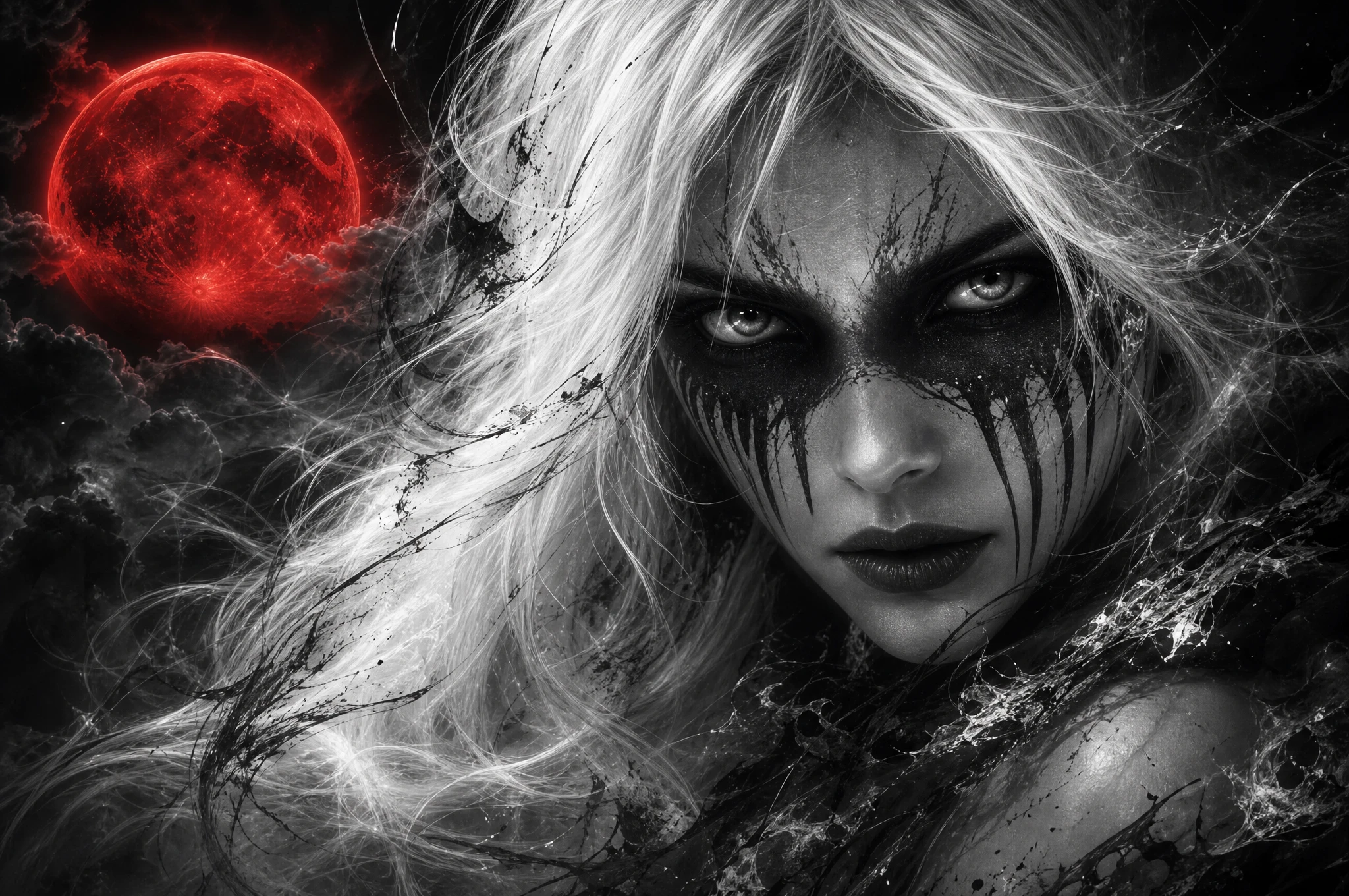 Ghostly woman under a luminous blood moon portrait