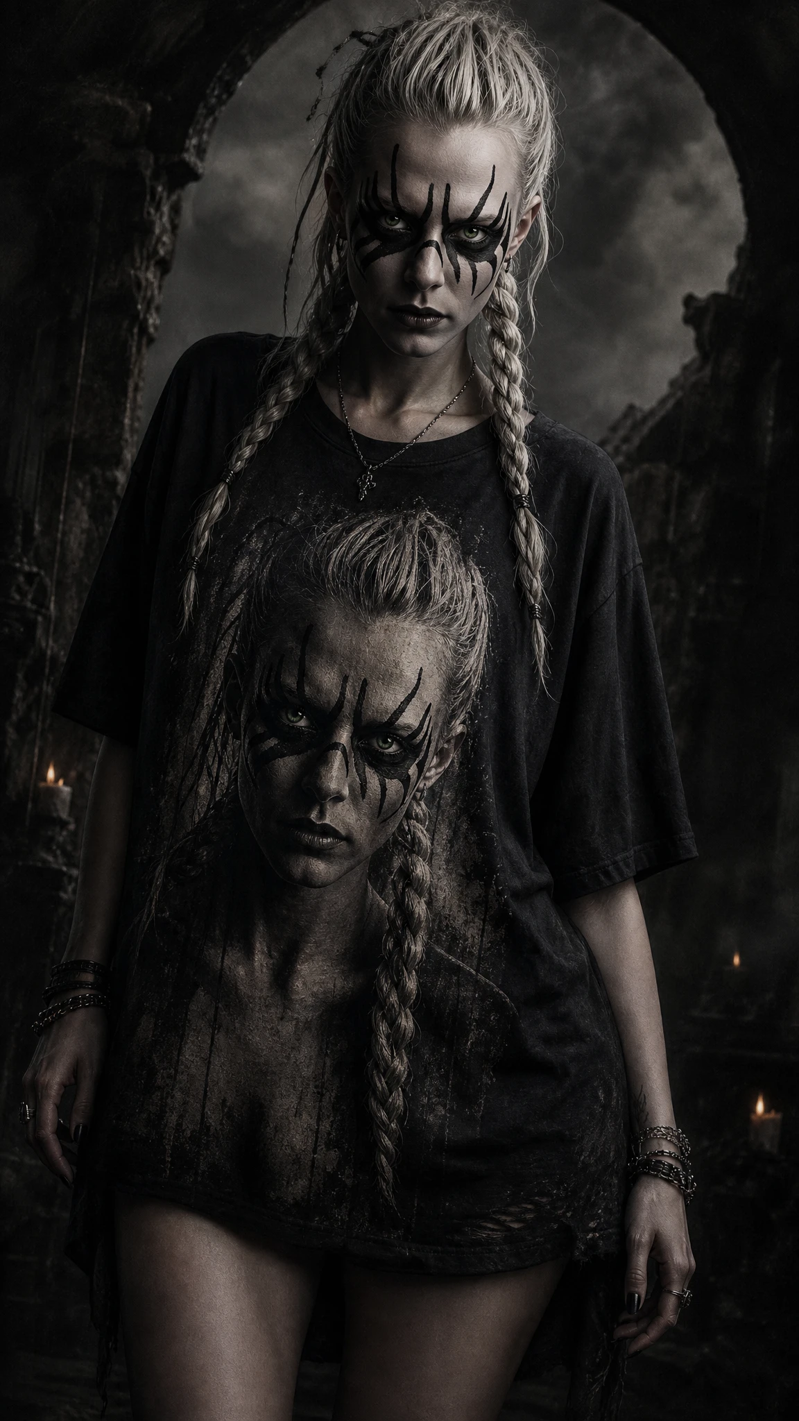 Goth woman in black shirt with surreal fantasy print