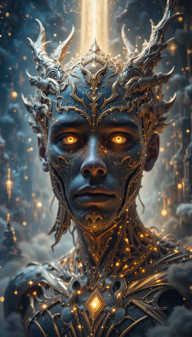 Cinematic close up portrait of a cosmic dragon deity man