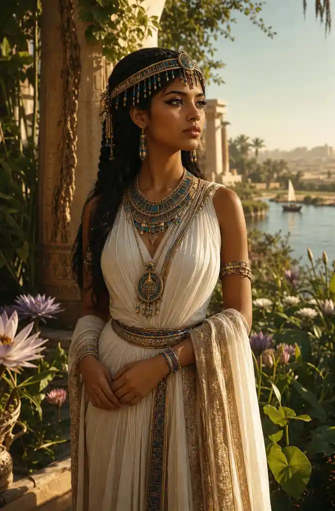 Young Egyptian princess in a lush riverside garden
