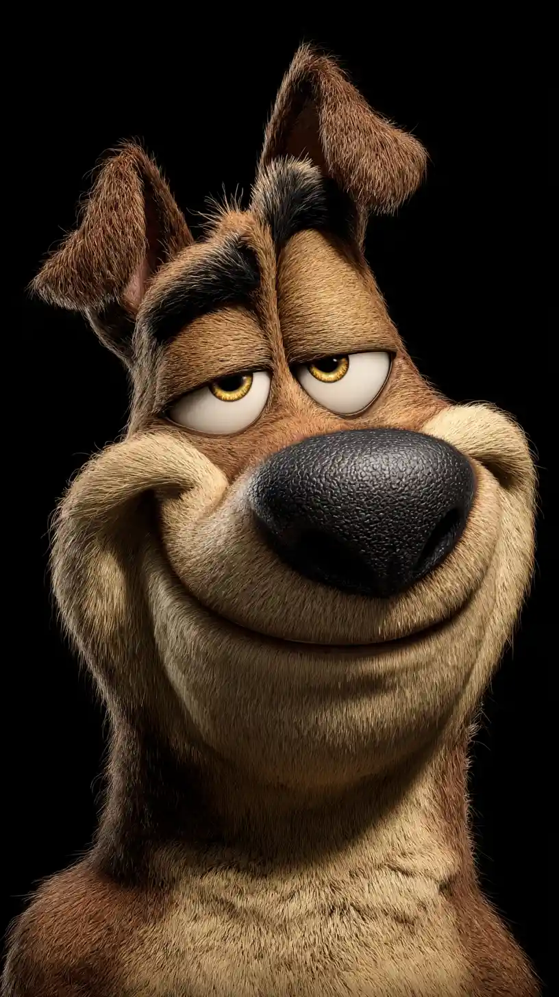 Playful anthropomorphic dog grinning in 3D animation close up