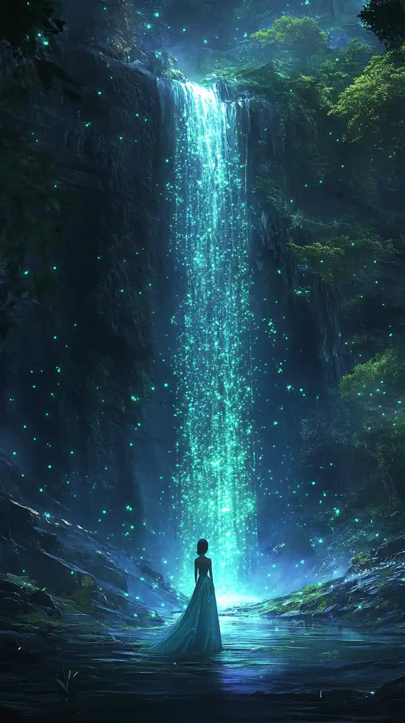 Woman in dress gazing at mystical forest waterfall