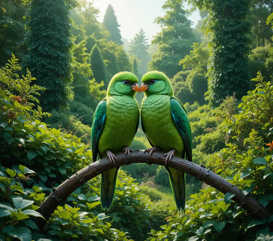Emerald green birds perched together in a lush garden