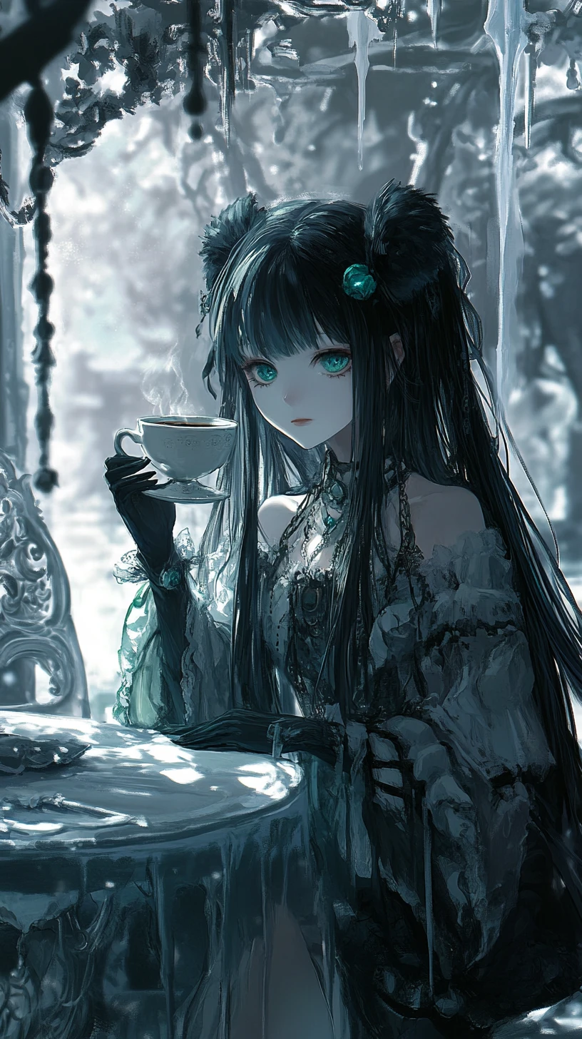 Anime girl drinking coffee at an icy golden table