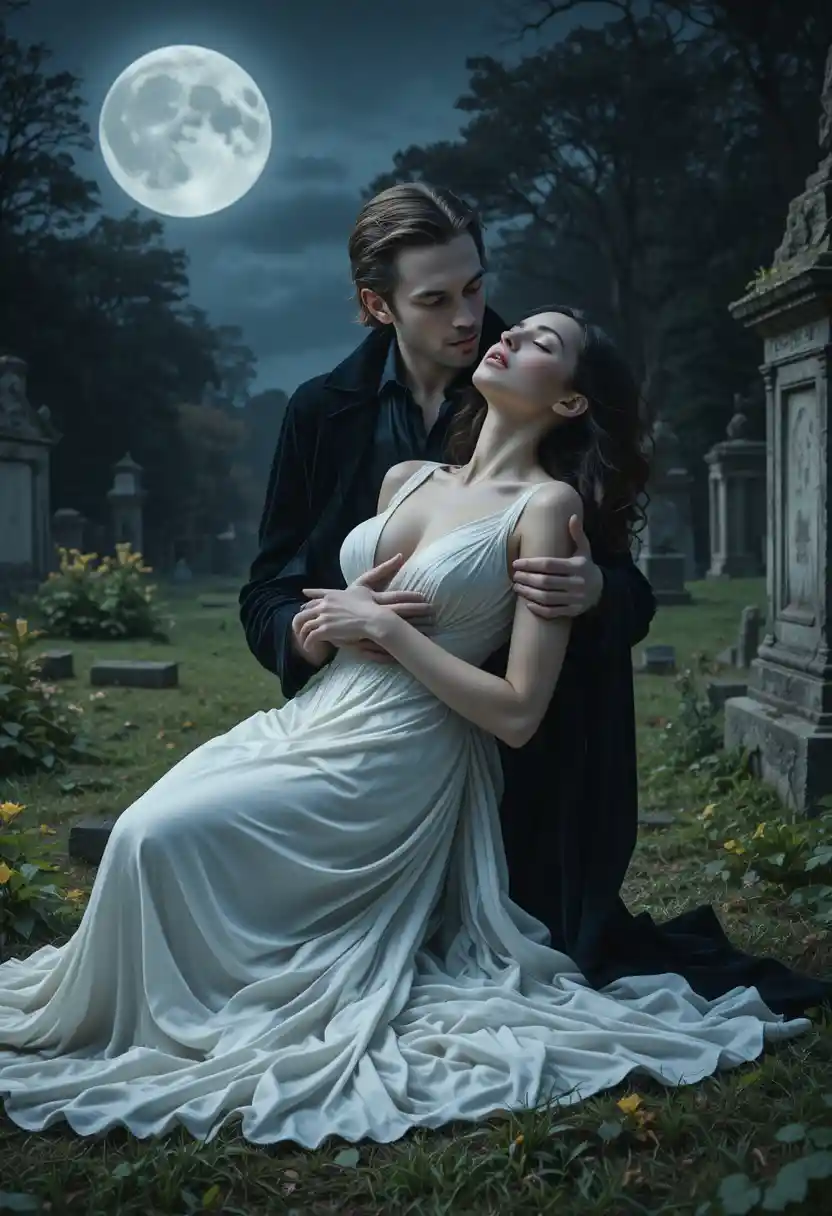 Vampire Cradling Sleeping Woman In Moonlit Cemetery