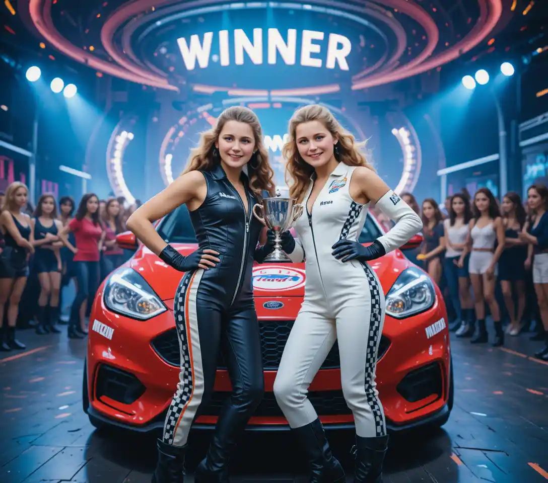 Racing girls posing in leather overalls and tall boots