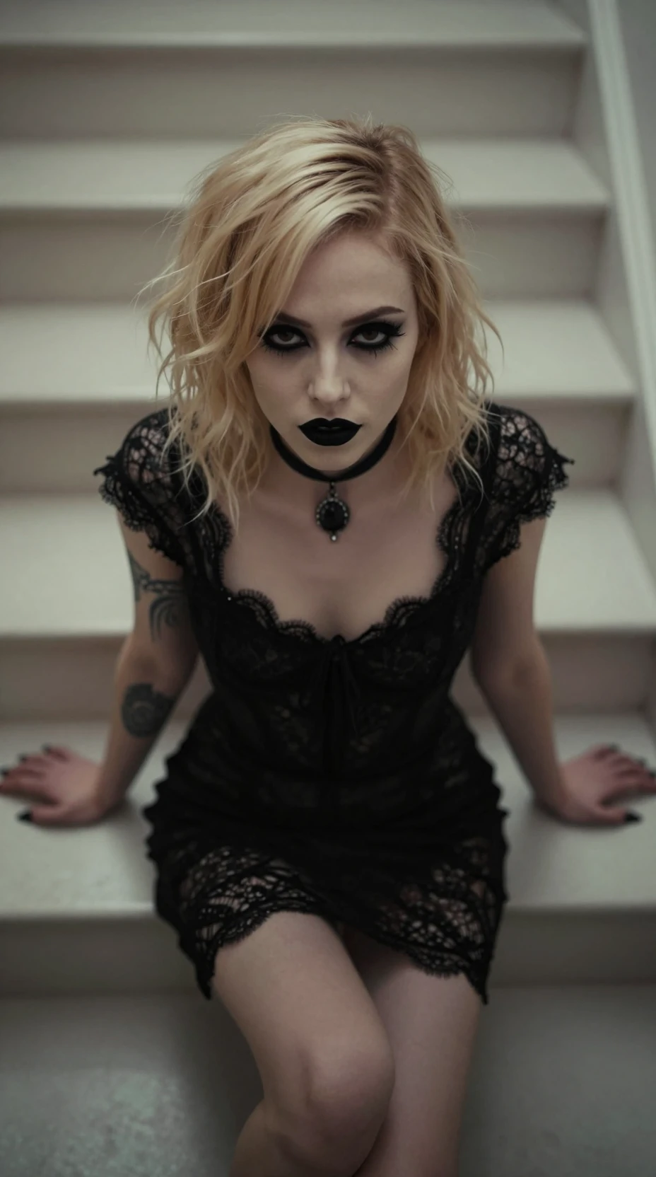 Gothic woman in black lace dress on white stairs