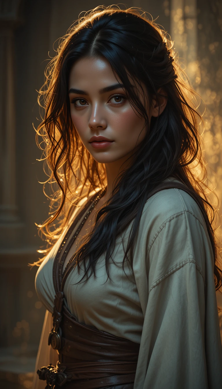 Calm brunette woman warrior in warm golden hour portrait