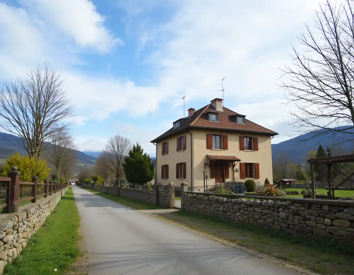 Two story rural house with parked cars and garden