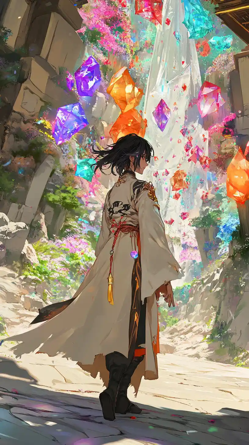 Anime girl walking through crystal flower field at sunrise