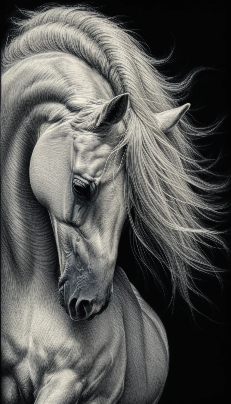 White arabian horse close up in dramatic scratchboard style