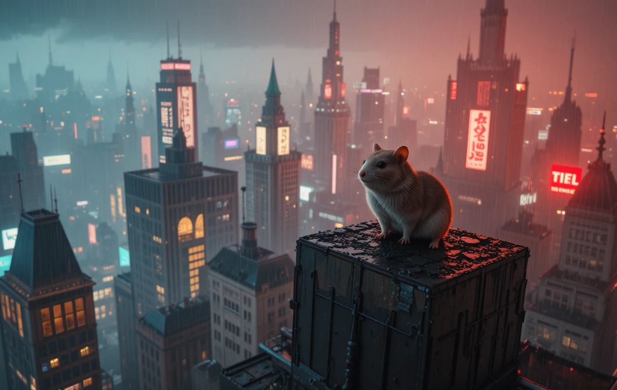 Lonely Hamster On Skyscraper In Neon Cyberpunk Cityscape