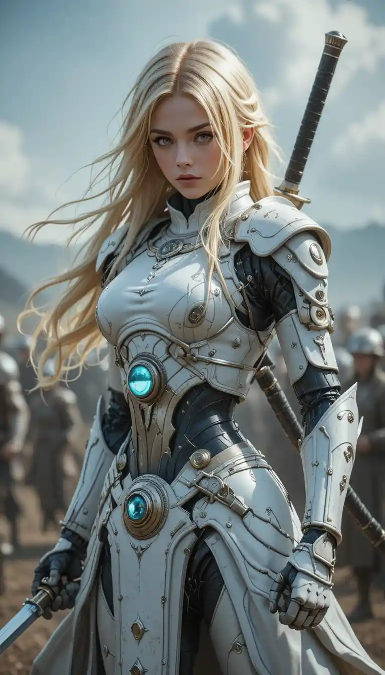 Cyborg warrior woman drawing her katana on battlefield