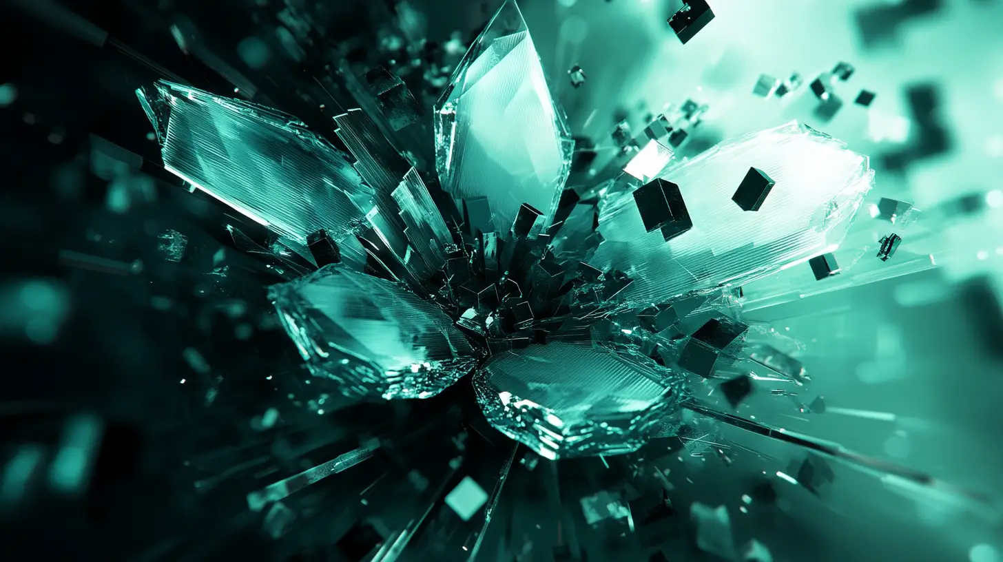 Glitchende Voxelblume im dunklen digitalen Raum schwebend