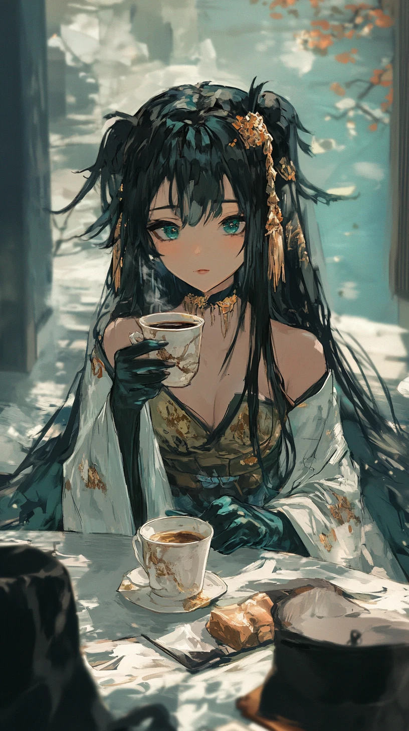Anime girl drinking coffee at an ornate ice table