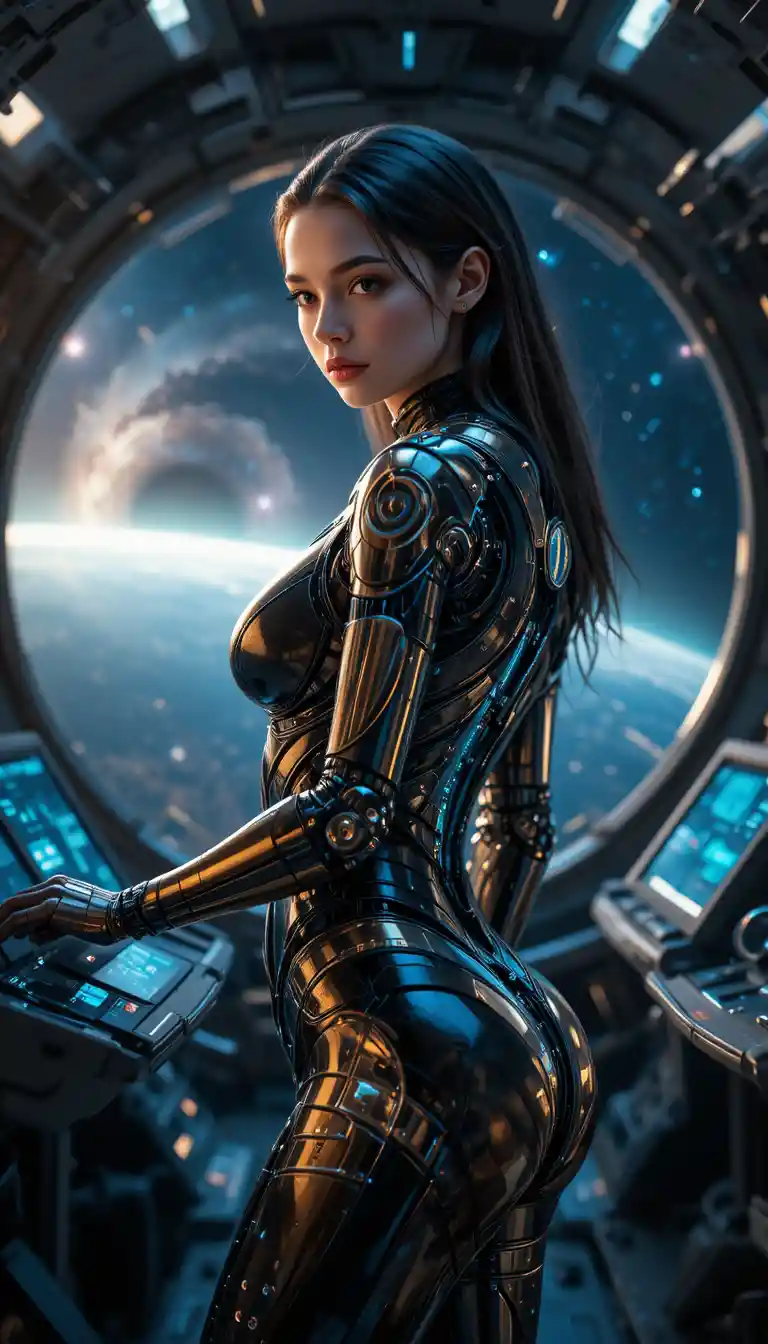 Female cyborg in a spaceship cockpit with galactic view