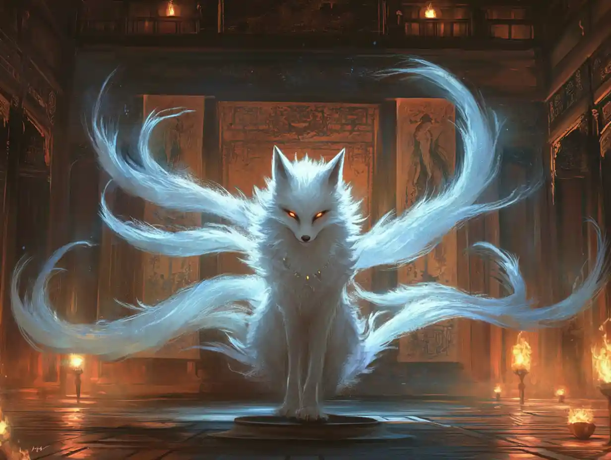 Nine tailed fox spirit glowing in candlelit room