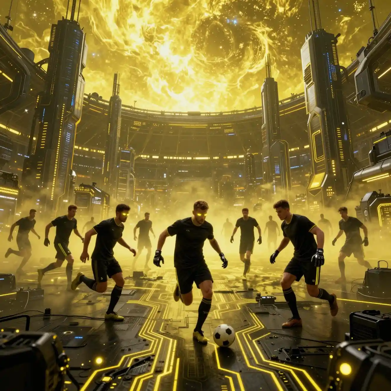 Futuristic soccer players in a vast sci fi city stadium