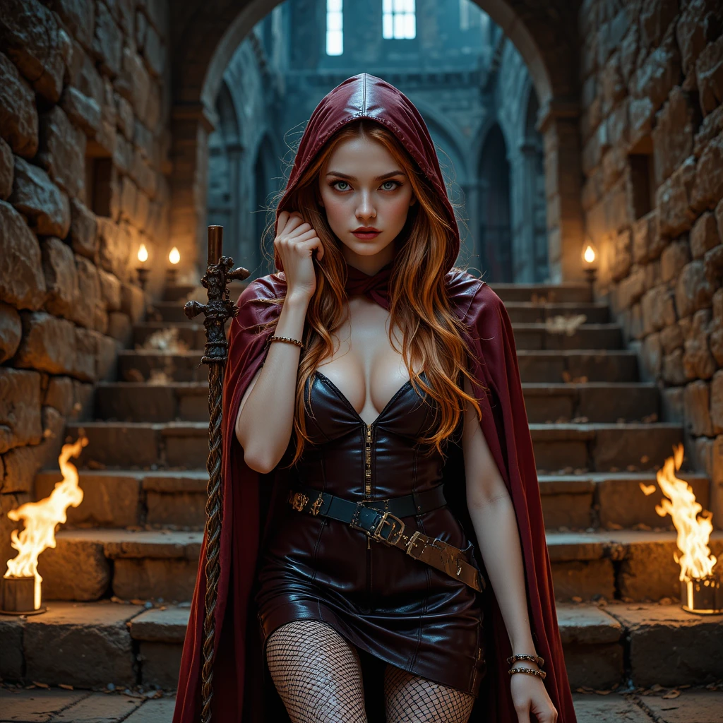 Nordic woman in red leather on castle torchlit stairs