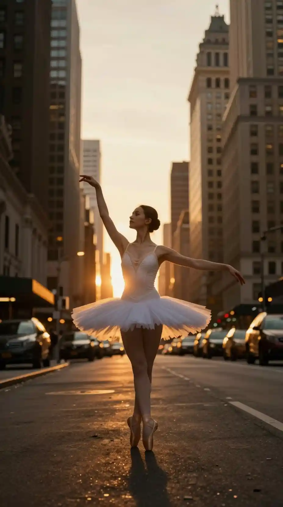Ballerina poised in a golden sunset city street