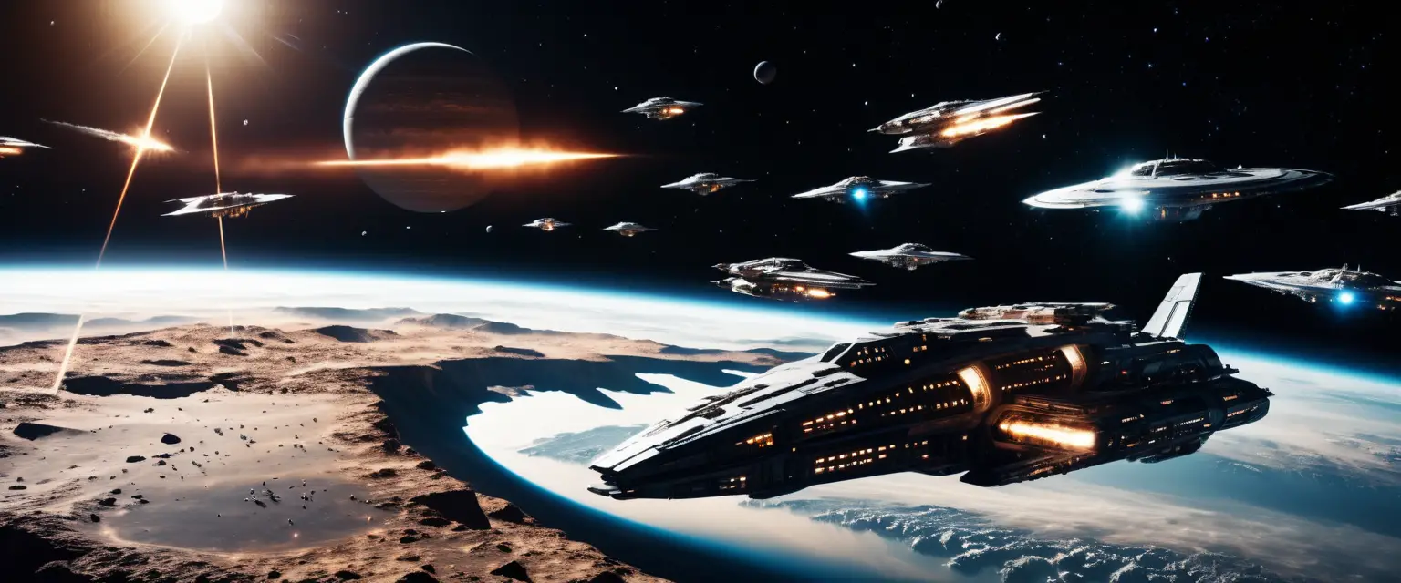 Imensa frota interestelar de naves espaciais futuristas sobre planeta brilhante
