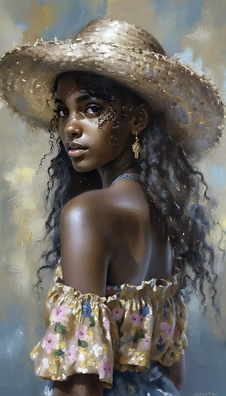 Young woman in straw hat turning over her shoulder