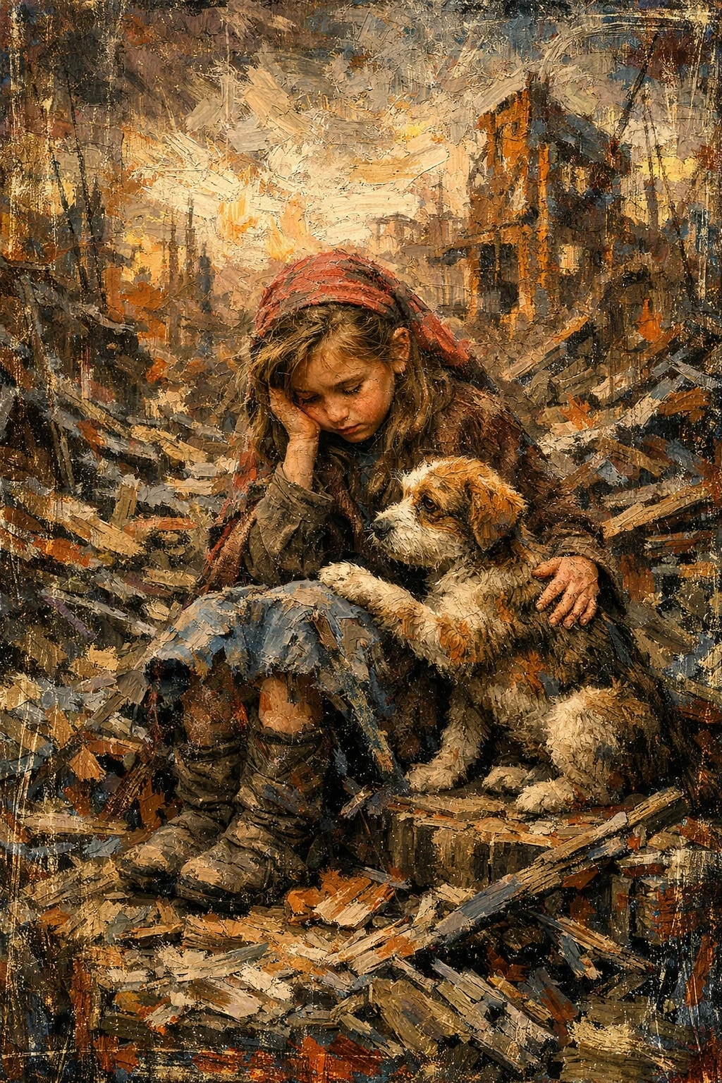 Sad girl with puppy amid post apocalyptic ruins at dusk