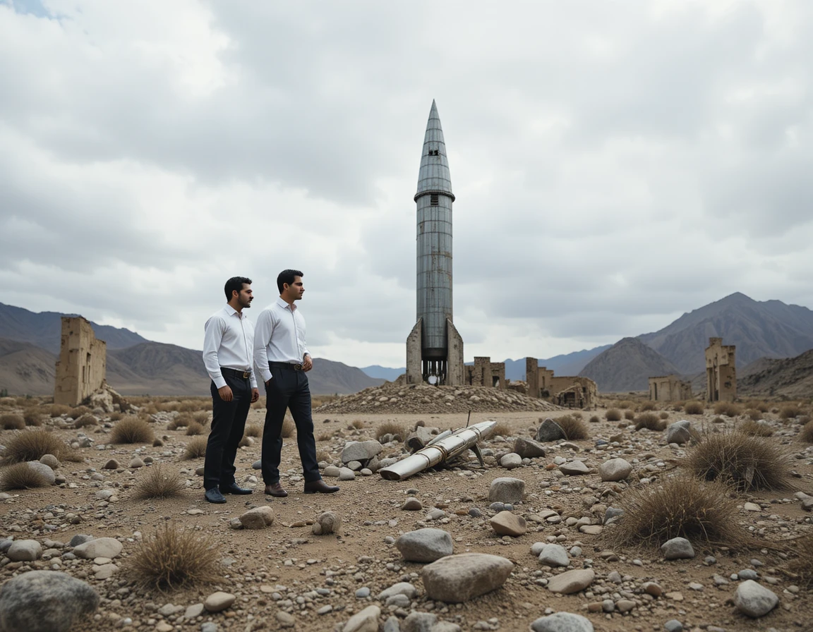 Two men in a barren desert with a vertical missile