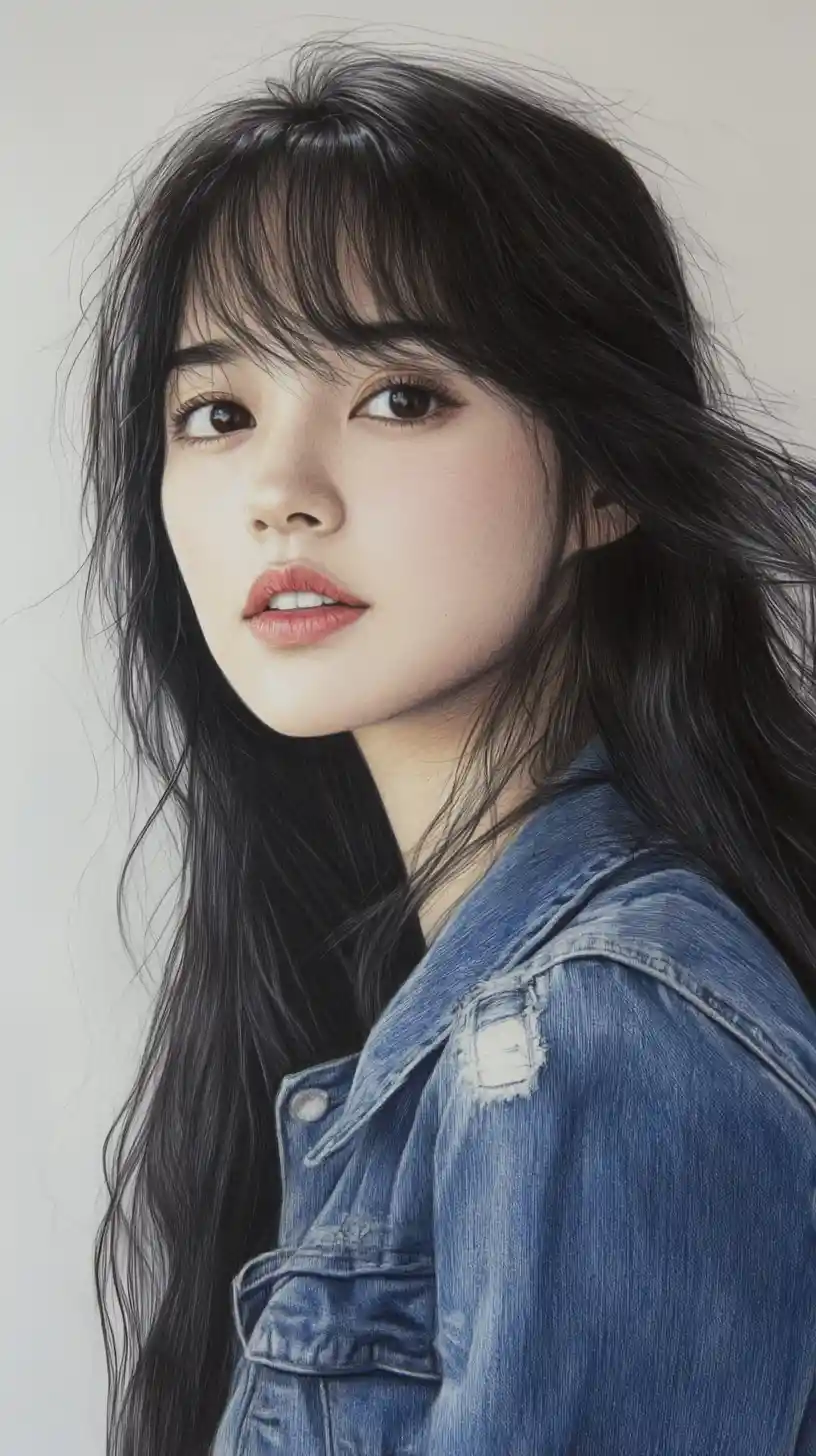 Color pencil portrait of a young asian woman in denim