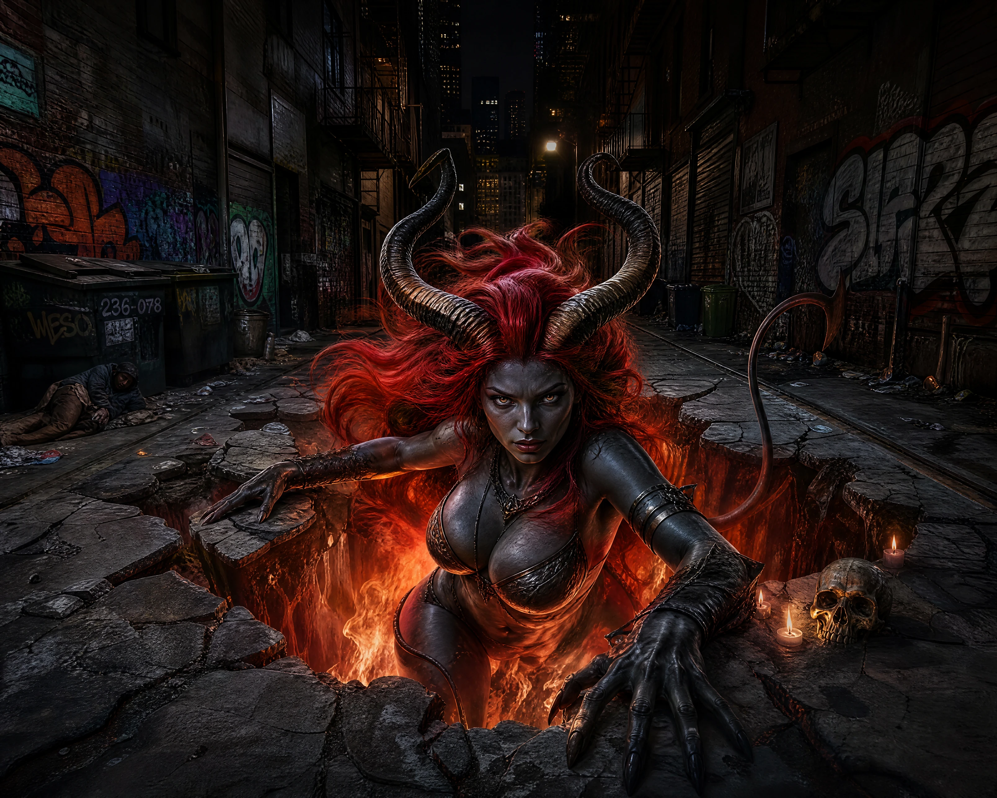 Illusione di street art con succube in un vicolo cittadino oscuro