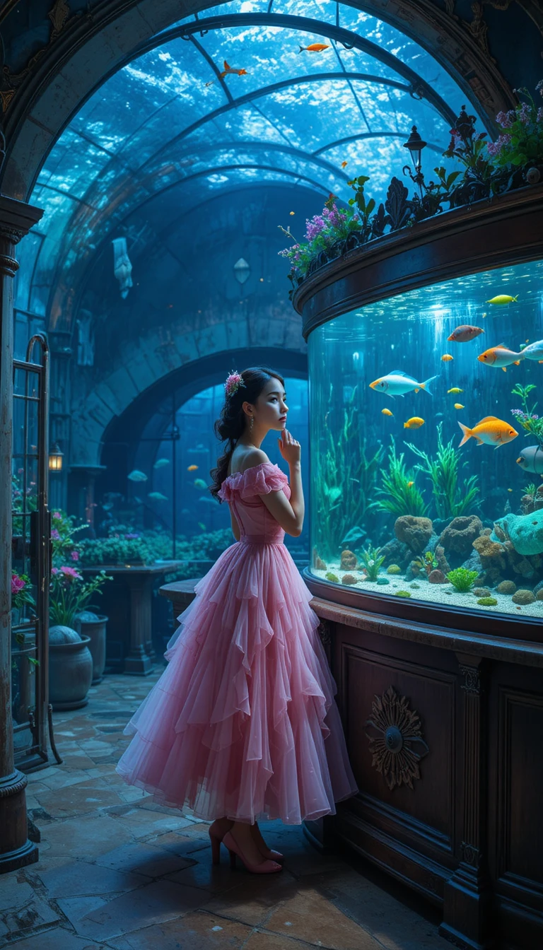 Elegant woman in pink dress by vintage blue aquarium