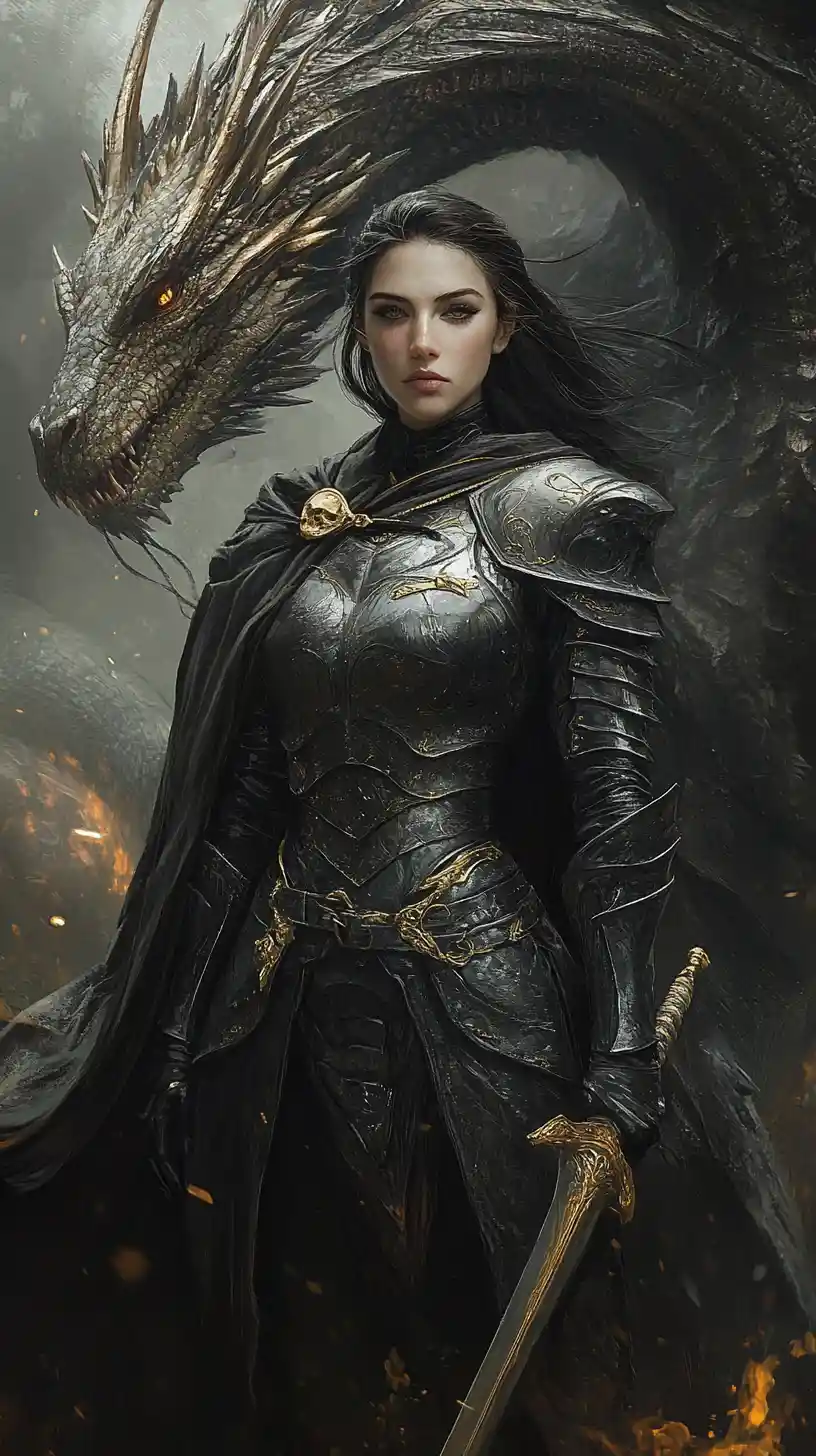 Armored warrior woman before a massive coiled dragon