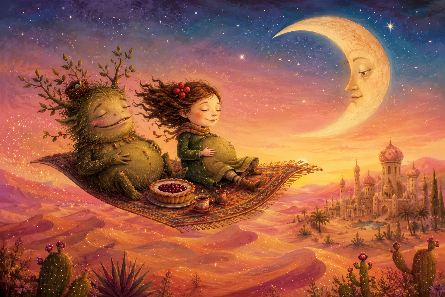 Heroine and forest monster flying across glittering desert