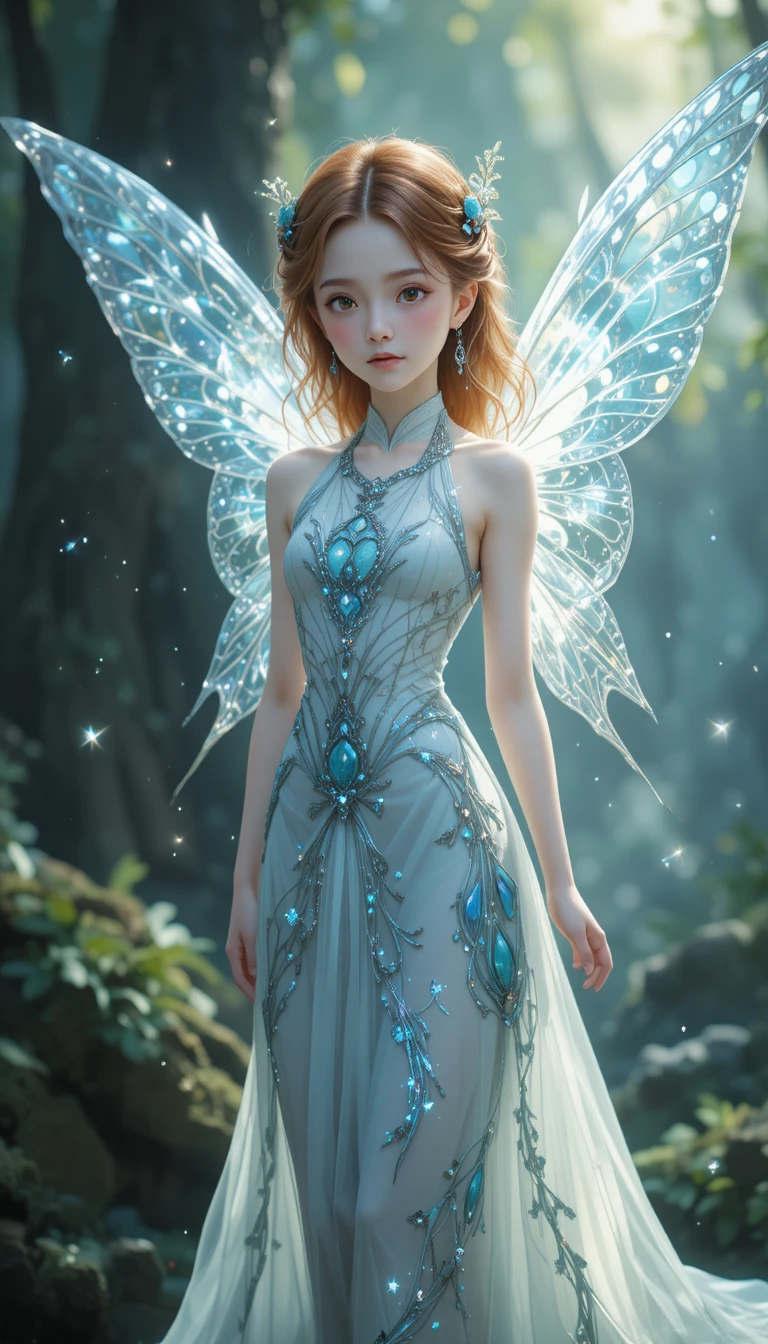Young fairy girl with luminous wings in anime style
