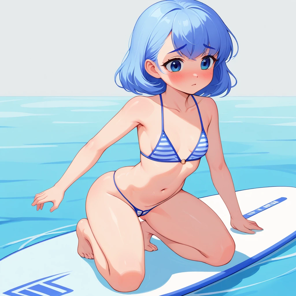 Young girl kneeling on a paddle board over calm water