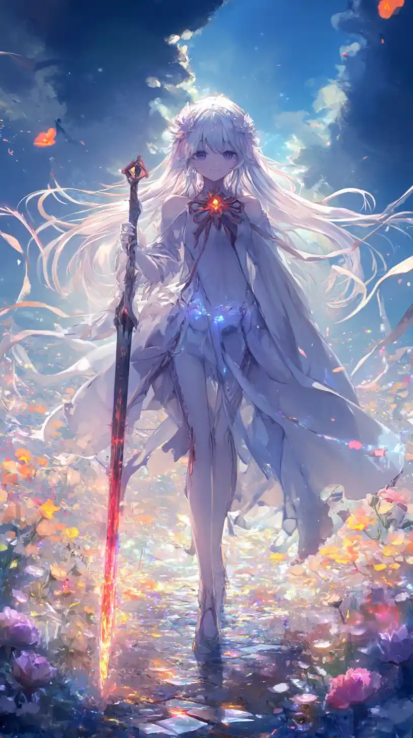 Anime girl walking through a field of crystal flowers